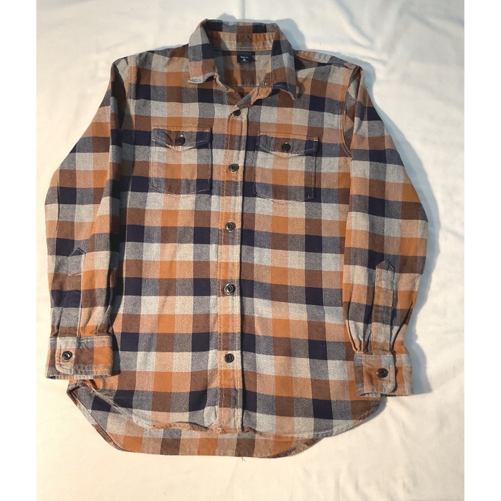 Gap Kids XL 12 Flannel Plaid Button Down Shirt Orange Navy Blue 988065